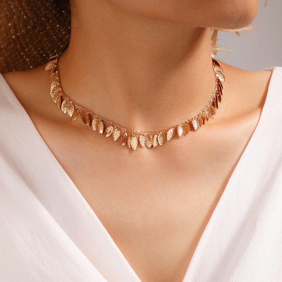 ✨Boho Gold Tassle Leaf Choker Necklace NEW - Picture 1 of 2